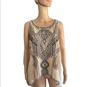 Buttons Black and Tan sleeveless embroidered mesh tanks size large